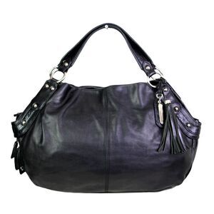 LARGE Cynthia Rowley BLACK REAL LEATHER TASSEL SHOULDER BAG TOTE HANDBAG PURSE